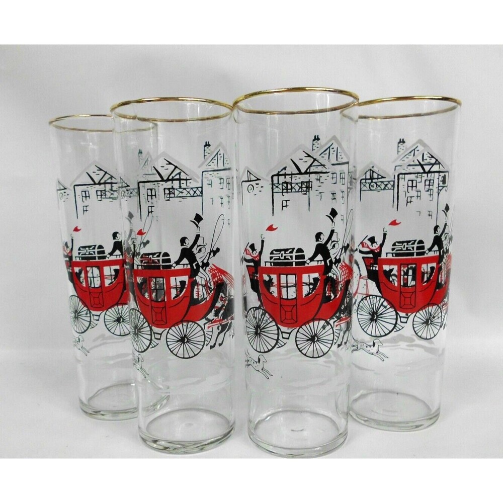 Vintage Libbey Horse Drawn Stagecoach High Ball Drink Glasses Tall 7 In Lot of 4
